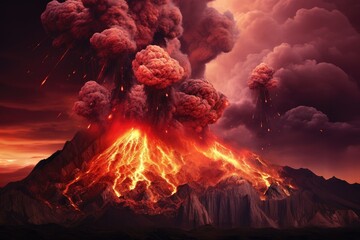 Volcanic eruption in the mountains. natural disaster. a majestic volcano spews molten lava, creating a fiery spectacle as it cascades down the mountainside. - obrazy, fototapety, plakaty
