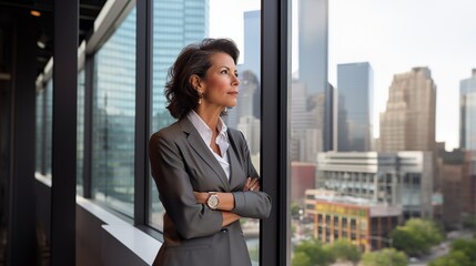 mature optimistic latina hispanic businesswoman woman female executive CEO in corporate modern office thinking contemplating and looking out window skyscraper cityscape daytime with room for text - obrazy, fototapety, plakaty