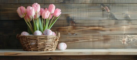 Easter eggs are placed in a basket, and a bouquet of pink tulips sits on a shelf in front of a wooden wall. The view allows for some empty space for text or designs.
