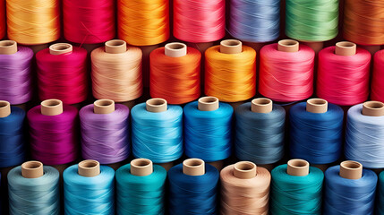 Spools of colorful yarn arranged in a pattern, textile industry