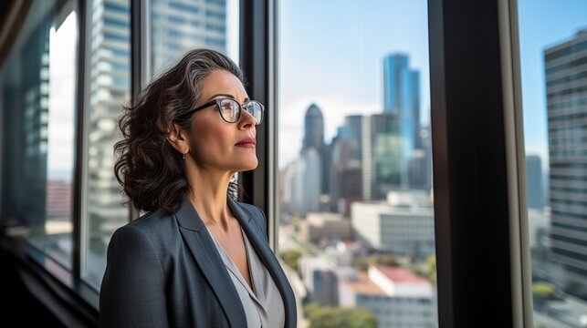 mature optimistic latina hispanic businesswoman woman female executive CEO in corporate modern office thinking contemplating and looking out window skyscraper cityscape daytime with room for text