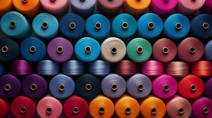 Fototapeta premium Spools of colorful yarn arranged in a pattern, textile industry