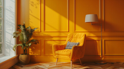  Armchair, Lamp, and Plaid near Yellow Wall