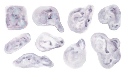 Set of artistic granulate light purple blue gradient watercolor stains. Vibrant hand painted bluish gray textured watercolour blobs for banner design, poster, greeting cards