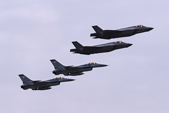 Luke AFB Open House 3-23-2024 Glendale, AZ USA..USAF Lockheed-Martin F-16C and F-35A formation pass at the 2024 Luke Days Airshow