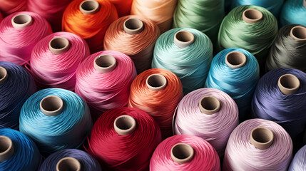 Sewing background, background of colorful cotton threads on spools