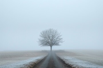Tree at a pathway fork in foggy winter haze