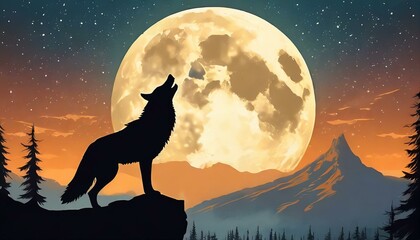 A wolf howling at the moon. Full moon in the background of the image.
 - obrazy, fototapety, plakaty
