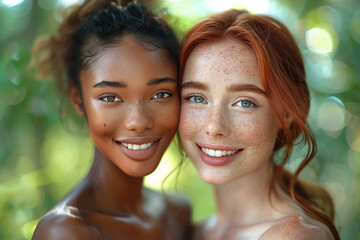 Close up fashion portrait two different races women hugging, black African American and white redhead with freckles touching their heads faces to each other diversity concept commercial advertising - obrazy, fototapety, plakaty