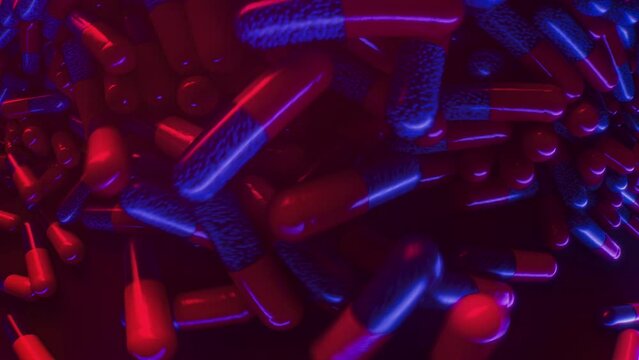 Wide angle camera view of the blue and red anxiety capsules falling onto a table, neon lights, psychedelic, euforia aesthetic,  3d animation 4k.