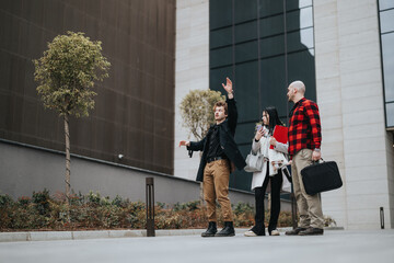 Three business associates engaging in a discussion outside a modern office building, depicting teamwork and strategy.