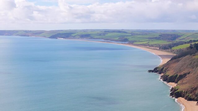 Wide aerial view over Strete Gate Beach and Slapton Ley National Nature Reserve