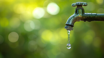 A tap is dripping water, and the water is falling in a steady stream a blurred natural background - Powered by Adobe