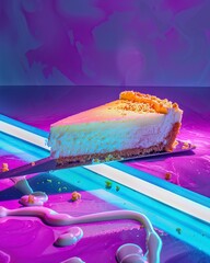 A slice of cheesecake under a neon beam, highlighting its creamy texture and graham crust - obrazy, fototapety, plakaty