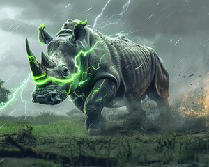 A rhino with a neon green power horn, charging in an African savanna during a thunderstorm