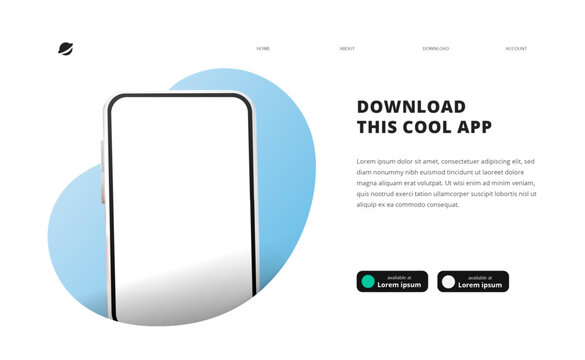 page banner advertising for downloading app for mobile phone smartphone Download buttons template 3D cartoon perspective phone with blob background