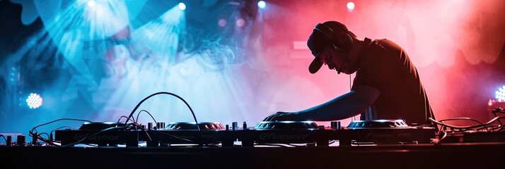 DJ plays a set on stage with lighting and smoke effects on turntables