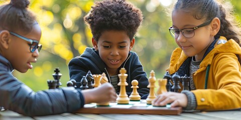 Young kids playing chess in the park outdoors