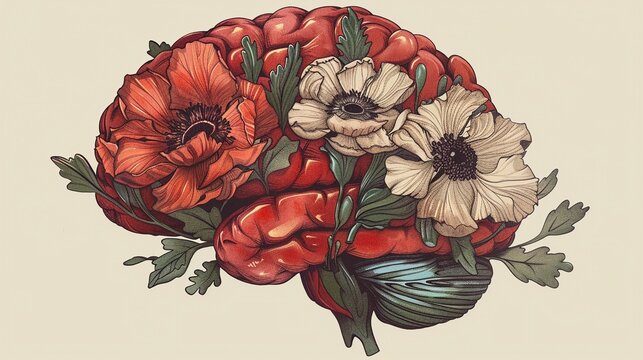 Botanical Brain with blossom flower.Illsutation graphic.