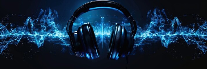 Headphones (over ear) with audio soundwaves  - obrazy, fototapety, plakaty