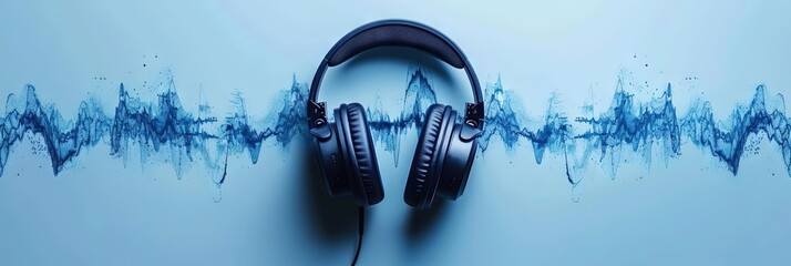 Headphones (over ear) with audio soundwaves  - obrazy, fototapety, plakaty