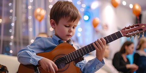Little boy playing guitar at concert