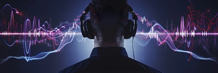 Man wearing headphones listening to music as soundwaves and music notes flutter on background. copy space - obrazy, fototapety, plakaty