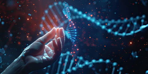 Hand touch screen virtual interface DNA connecting in hologram science and innovation, Digital technology medical concept