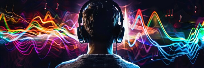 Man wearing headphones listening to music as soundwaves and music notes flutter on background. copy space