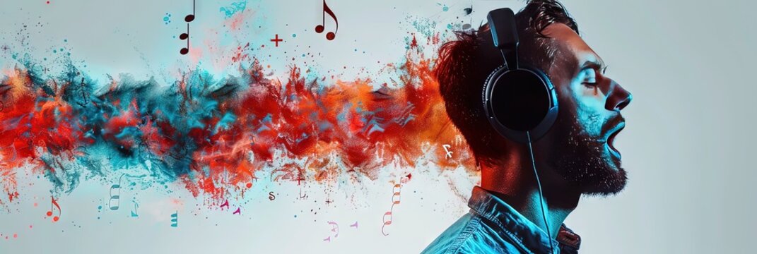 Man wearing headphones listening to music as soundwaves and music notes flutter on background. copy space