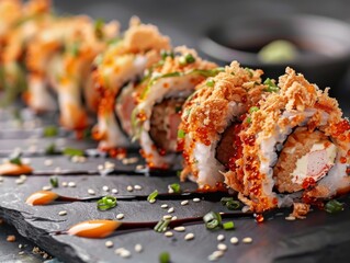 Dynamic sushi rolls with vibrant tempura flakes - obrazy, fototapety, plakaty
