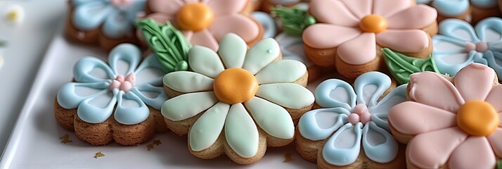 Colorful springtime pastel cookies with floral elements and frosting