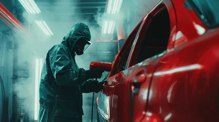 Fotobehang Auto painter in action spraying red car - A skilled worker in protective gear expertly sprays a glossy red paint on a car for a sleek, professional finish in an industrial setting © Tida