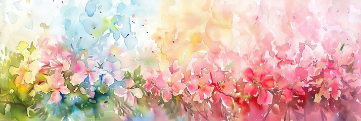 Pastel springtime watercolor of outdoors with trees and bushes in a forest clearing - obrazy, fototapety, plakaty