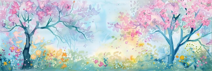 Pastel springtime watercolor of outdoors with trees and bushes in a forest clearing