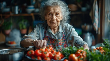 A senior woman is cooking in the kitchen.