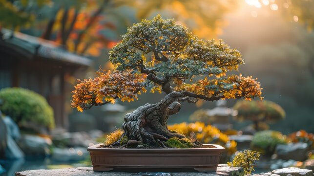 A large tree with a brown trunk and green leaves sits in a pot on a stone ledge