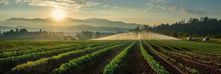 Deurstickers Farmer watering the crops before harvest © Brian