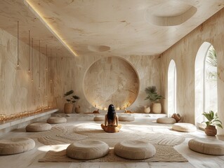 A woman sits in a circle of pillows in a room with a round wall
