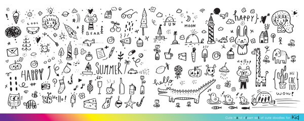 Vector illustration of Doodle cute for kid, Hand drawn set of cute doodles for decoration,Funny Doodle Hand Drawn, Summer, Doodle set of objects from a child's life,Cute animal