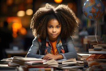 African girl schoolgirl studies and does school homework at the table - obrazy, fototapety, plakaty