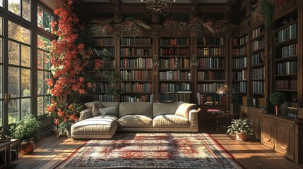 A large room with a couch, a potted plant, and a large collection of books