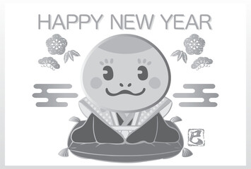 2025　年賀状2025　福助人形　ふくすけ　巳年　巳　へび　文字　英語　イラスト　白黒