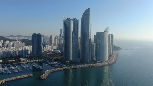 Asia South Korea Busan Haeundae city skyscrapers aerial view