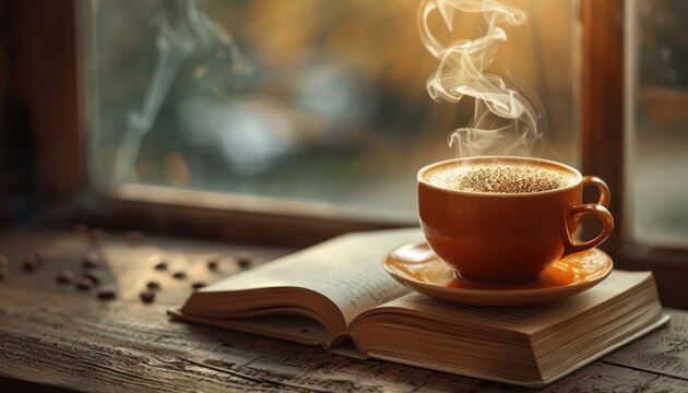 A cup of hot black coffee sits beside an open book, its pages inviting exploration.