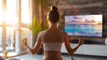 A beautiful young woman gracefully performs yoga exercises, her movements fluid and deliberate. Positioned before a sleek plasma TV, the room - obrazy, fototapety, plakaty