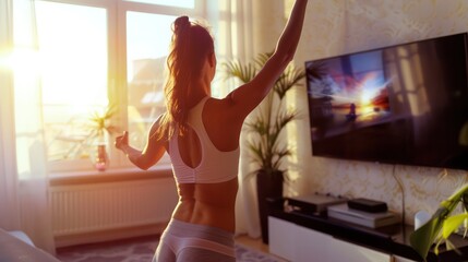 A beautiful young woman gracefully performs yoga exercises, her movements fluid and deliberate. Positioned before a sleek plasma TV, the room