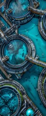 Capture the intricate details of water treatment facilities from a birds-eye view Highlight the complex engineering and processes involved in purifying water Include pipes, tanks, and filtration syste