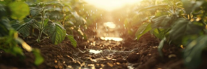 Watering the crops with fresh droplets of water as the golden hour morning sun rises at dawn - obrazy, fototapety, plakaty