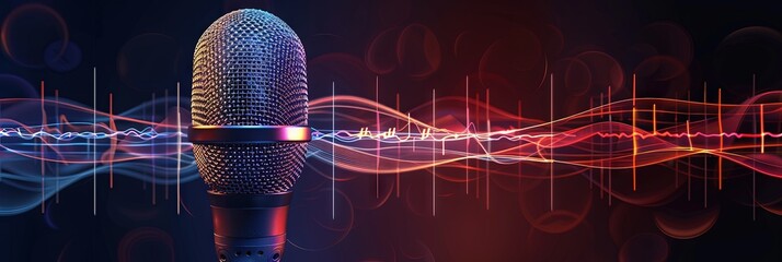 Vocal microphone with soundwaves on wide banner for podcasting and audio recording (singing, speaking, etc)  - obrazy, fototapety, plakaty